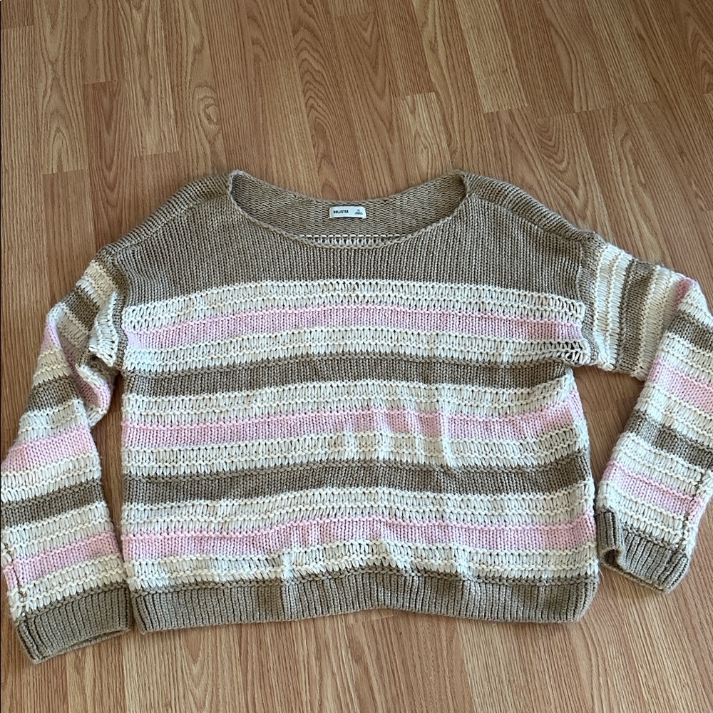 Hollister Tan and Pink Striped Sweater